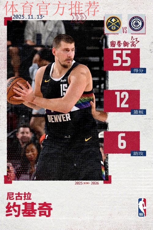 约基奇独揽55分12篮板，刷新多项记录：生涯首胜50+、历史最高效中锋